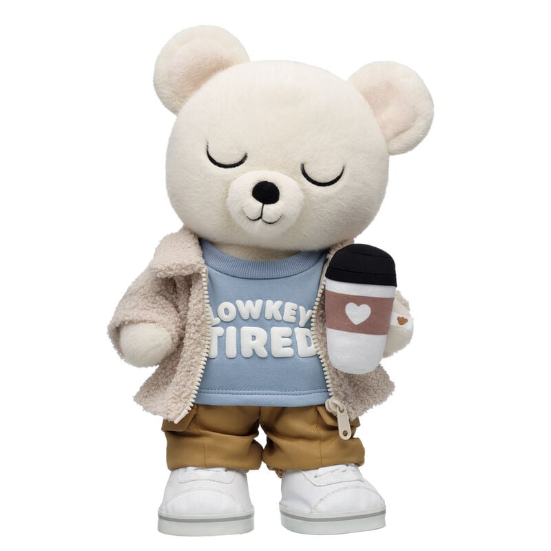 Mellow Moodies Huck Teddy Bear "Lowkey Tired" Gift Set with Jacket & Coffee plush by Build-A-Bear